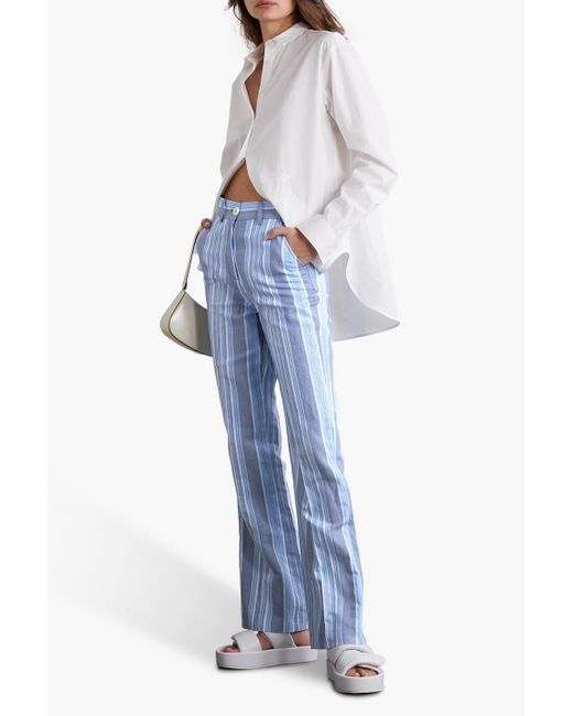 See By Chloé Blue Striped Cotton And Linen-blend Straight-leg Pants