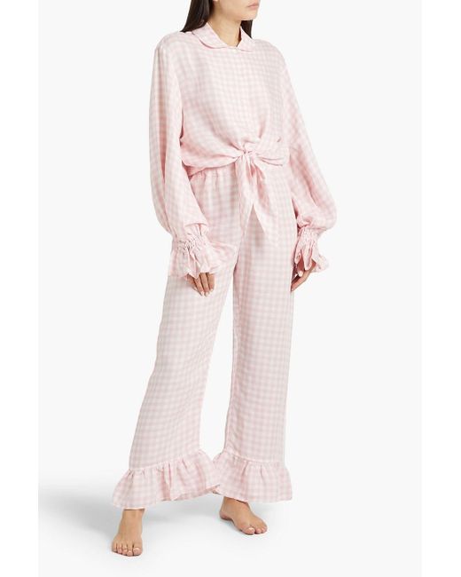 Sleeper Pink Pyjama aus einer leinenmischung mit gingham-karo und rüschen