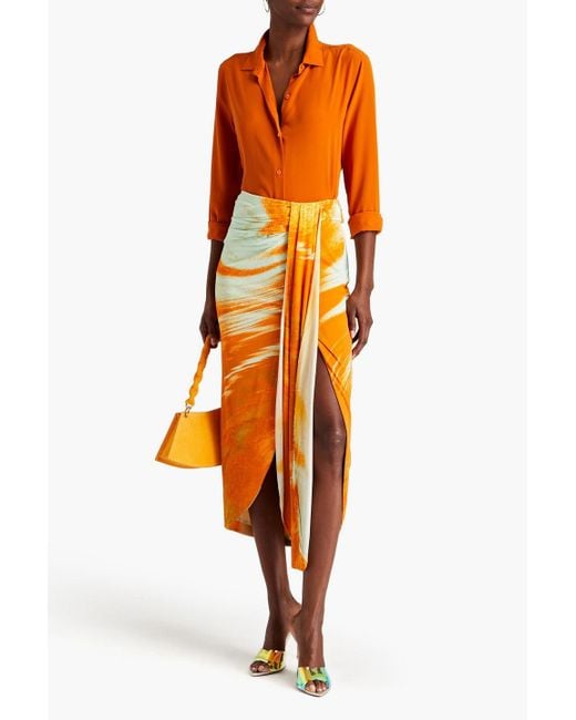 Jonathan Simkhai Orange Gwen Draped Printed Jersey Midi Skirt