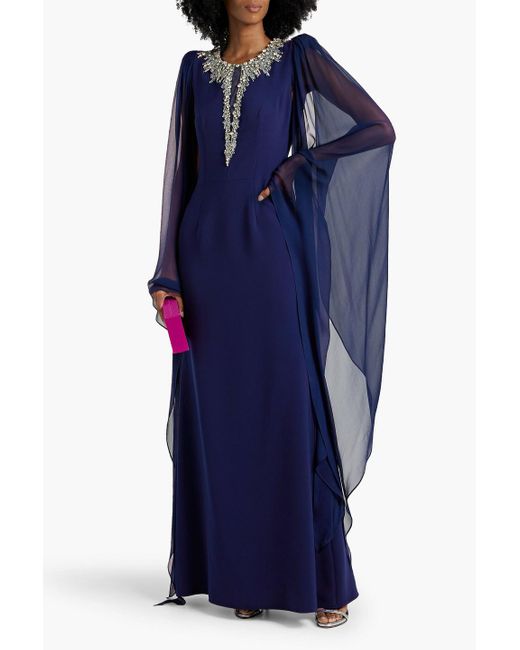 Jenny Packham Blue Embellished Draped Silk-chiffon And Crepe Gown