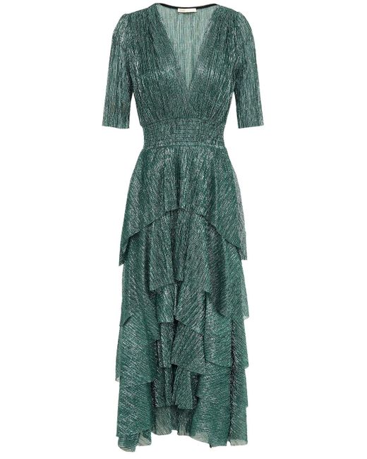 Maje Green Tiered Metallic Knitted Midi Dress
