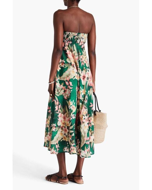Zimmermann Green Trägerloses midikleid aus leinen mit floralem print und raffung