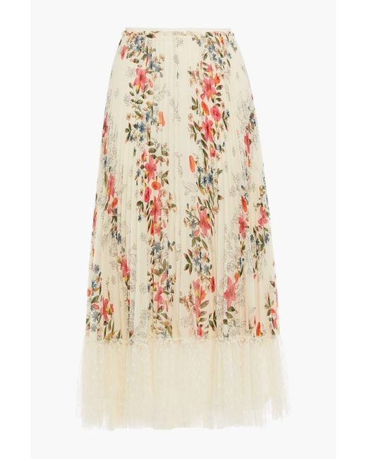 RED Valentino Natural Point D'esprit-trimmed Printed Crepe De Chine Midi Skirt