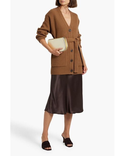 Vince Brown Belted Ribbed Wool And Cashmere-Blend Cardigan