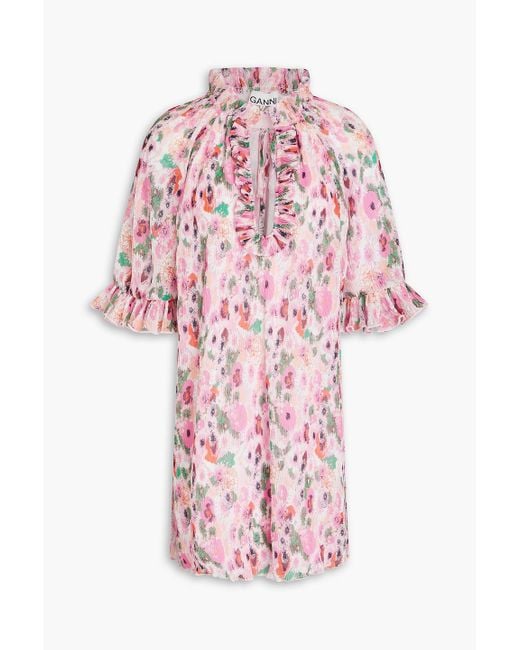 Ganni Pink Ruffled Floral-Print Plissé-Georgette Mini Dress
