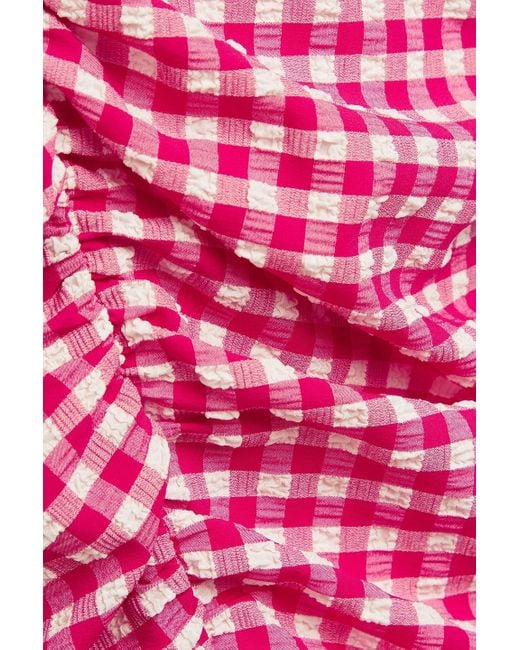Ganni Pink Oberteil aus seersucker mit gingham-karo und raffungen