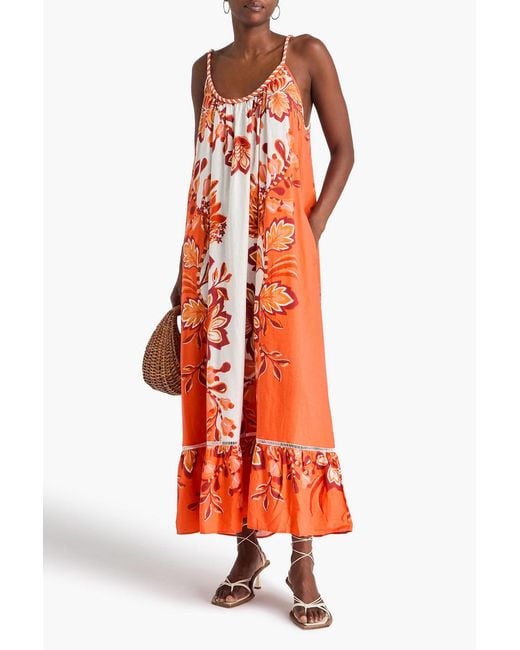 Farm Rio Orange Floral-Print Linen-Blend Maxi Dress