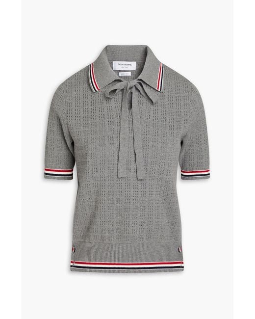 Thom Browne Gray Pussy-bow Pointelle-knit Cotton Polo Sweater