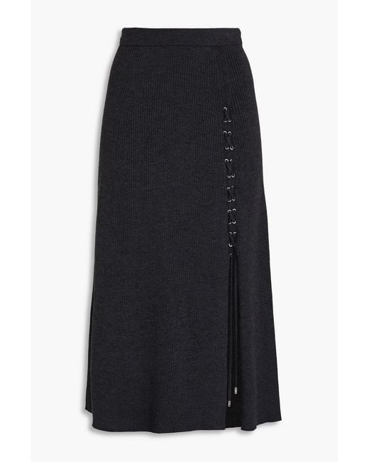 Maje Black Lace-Up Ribbed-Knit Midi Skirt