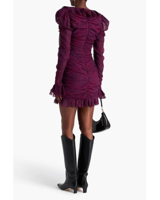 Alessandra Rich Purple Ruched Leopard-print Silk-georgette Mini Dress