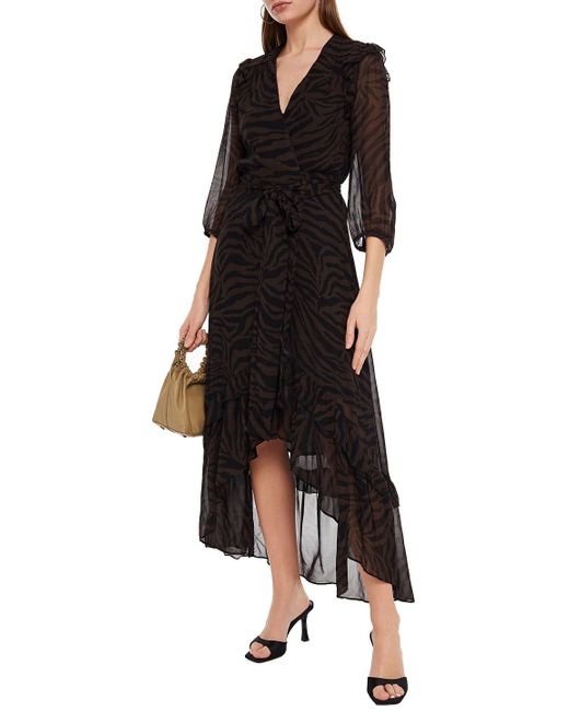 Ba\u0026sh Synthetic Selena Ruffled Zebra-print Georgette Midi Wrap Dress in  Dark Brown (Brown) | Lyst
