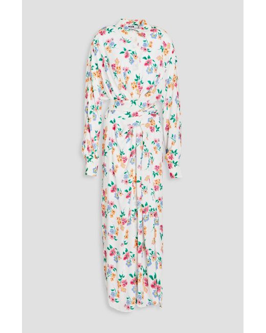 MSGM White Belted Floral-print Crepe Midi Dress