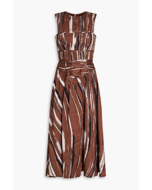 Aje. Brown Gabrielle Pleated Printed Linen-blend Midi Dress