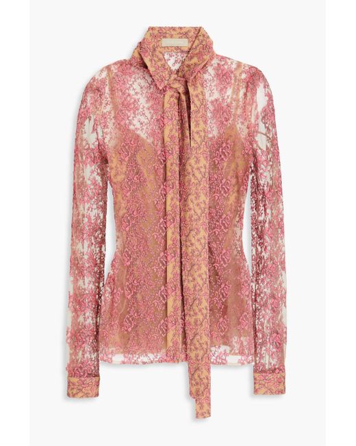 Elie Saab Pink Pussy-bow Embroidered Tulle Blouse