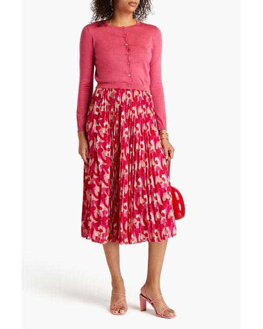 RED Valentino Red Pleated Printed Crepe De Chine Midi Skirt