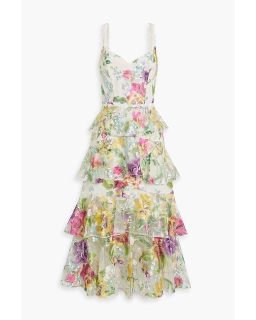 Marchesa White Tiered Embroidered Tulle Midi Dress