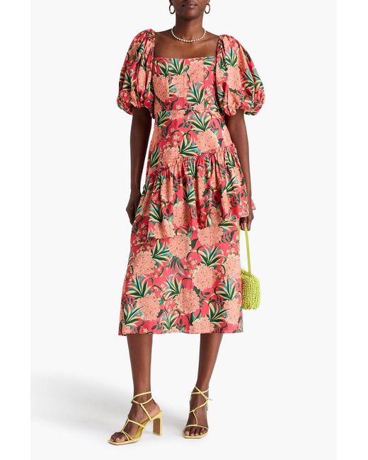 Farm Rio Red Ruffled Floral-print Cotton-blend Voile Midi Dress