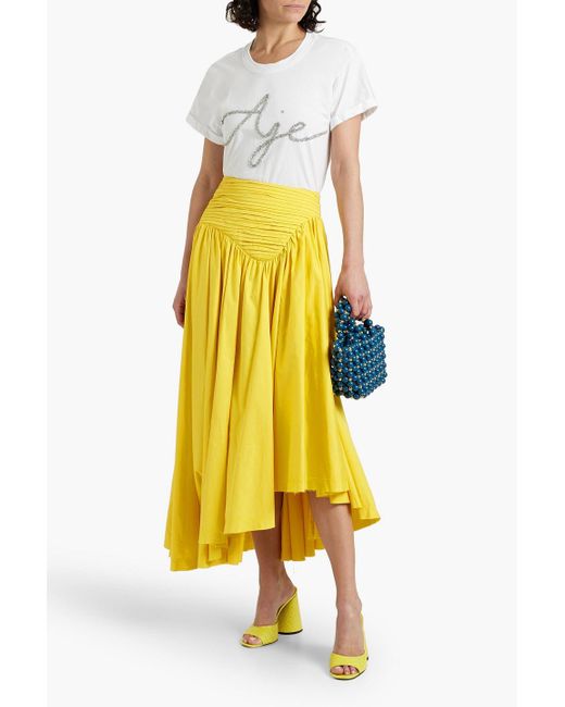 Aje. Yellow Asymmetric Pleated Cotton-poplin Midi Skirt