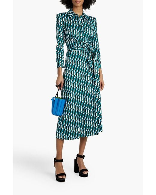 Diane von Furstenberg Green Sana Printed Jersey Midi Wrap Dress