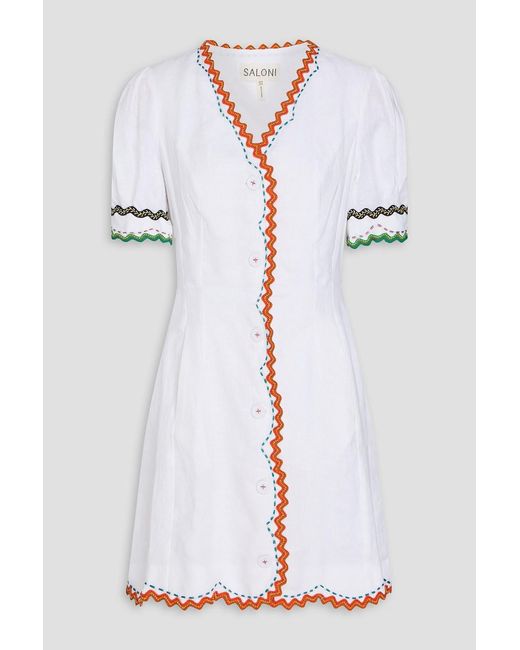 Saloni White Marlee Embroidered Linen Mini Dress