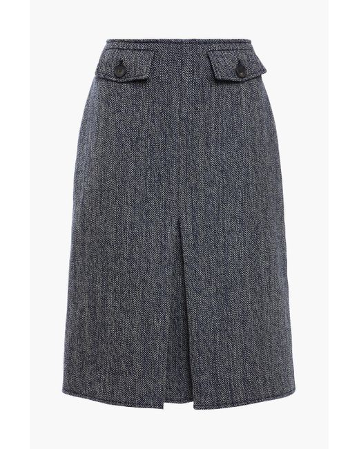 Victoria Beckham Blue Pleated Herringbone Wool And Cotton-blend Tweed Skirt