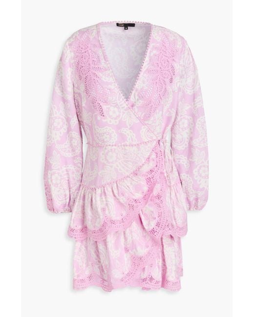Maje Pink Ruffled Paisley-Print Linen-Blend Mini Wrap Dress