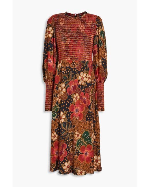 Farm Rio Red Midikleid aus crêpe mit floralem print und raffung
