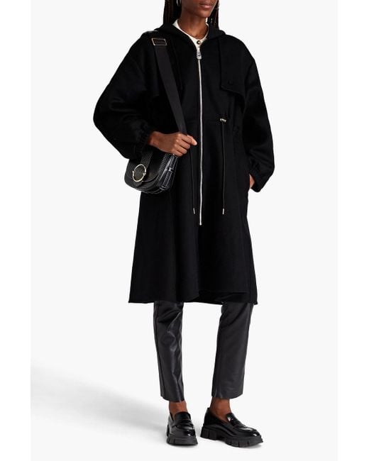 Sandro Black Wool-blend Felt Hooded Coat