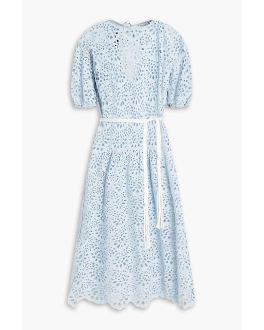 Maje Blue Belted Broderie Anglaise Cotton Midi Dress