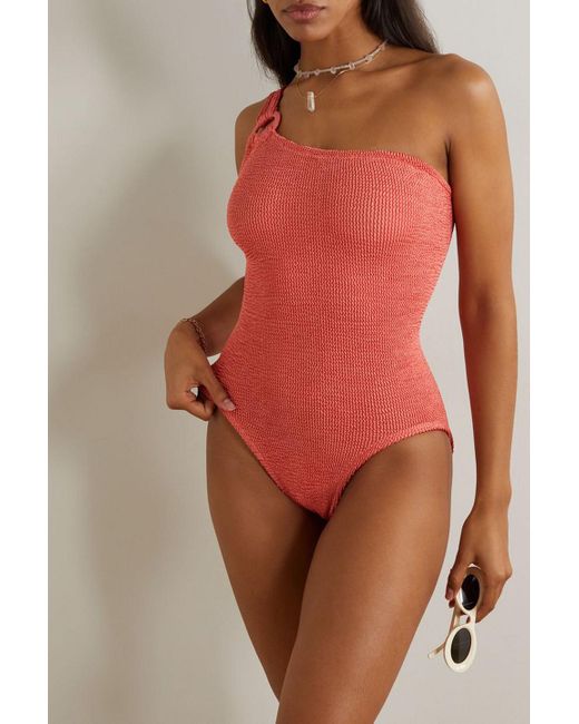 Hunza G Red Yasmeen One-shoulder Seersucker Swimsuit