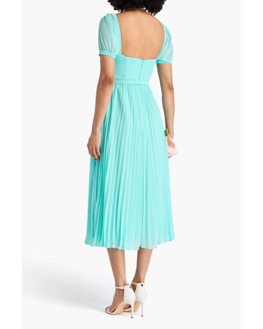 Self-Portrait Blue Belted Pleated Chiffon Midi Dress