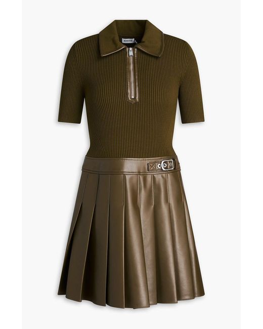 Jonathan Simkhai Green Pleated Ribbed Knit-Paneled Mini Dress