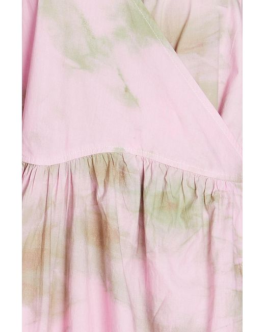 Ganni Pink Cherry Blossom Gathered Printed Cotton Wrap Dress