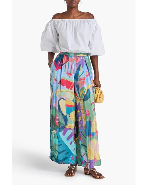 Farm Rio Blue Pleated Printed Crepe De Chine Wide-leg Pants