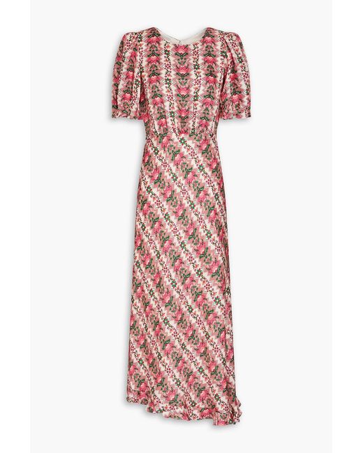 Saloni Red Vida Floral-Print Silk-Satin Jacquard Midi Dress