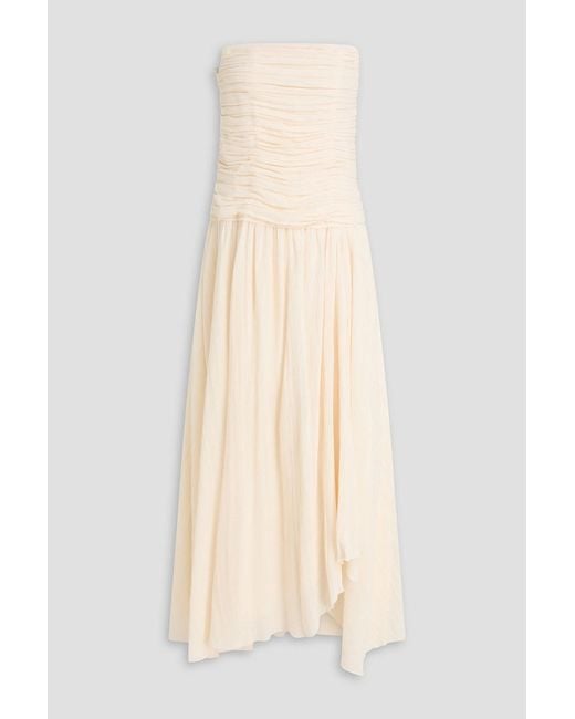 Staud Natural Hightide Strapless Ruched Cotton And Ramie-Blend Gauze Maxi Dress