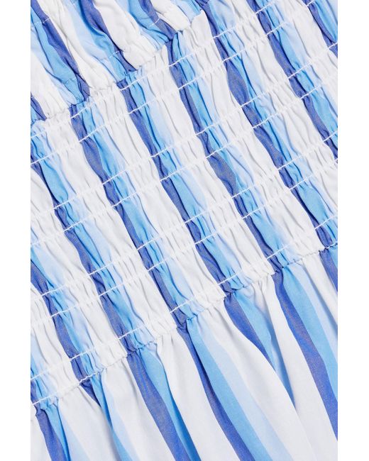 Ganni Blue Shirred Striped Cotton-poplin Midi Dress