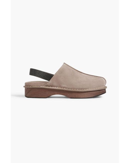 Brunello Cucinelli Natural Bead-Embellished Suede Clogs