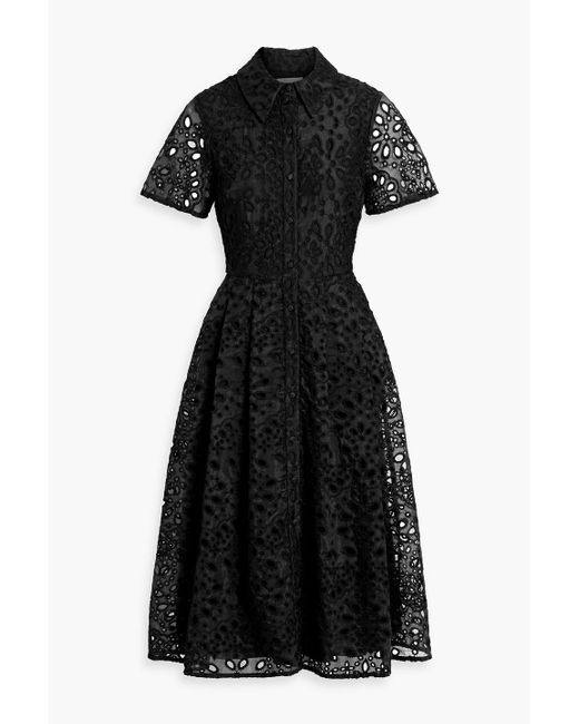 Mikael Aghal Black Pleated Broderie Anglaise Organza Midi Shirt Dress