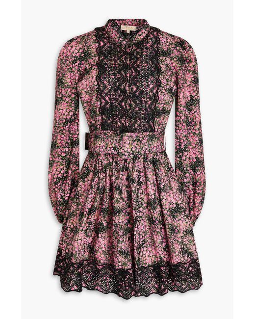 byTiMo Pink Broderie Anglaise-trimmed Floral Print Cotton Mini Dress