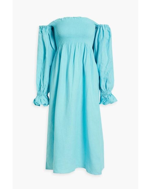 Sleeper Blue Atlanta Off-the-shoulder Ruffled Linen Midi Dress
