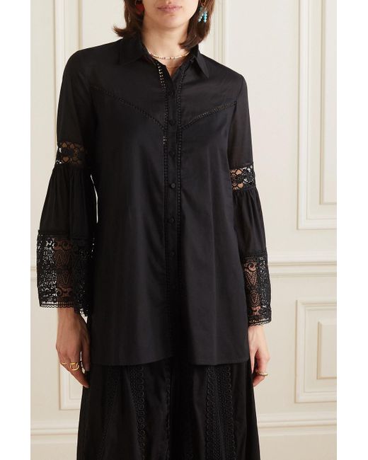 Charo Ruiz Black Letta Guipure Lace-trimmed Cotton-blend Voile Blouse