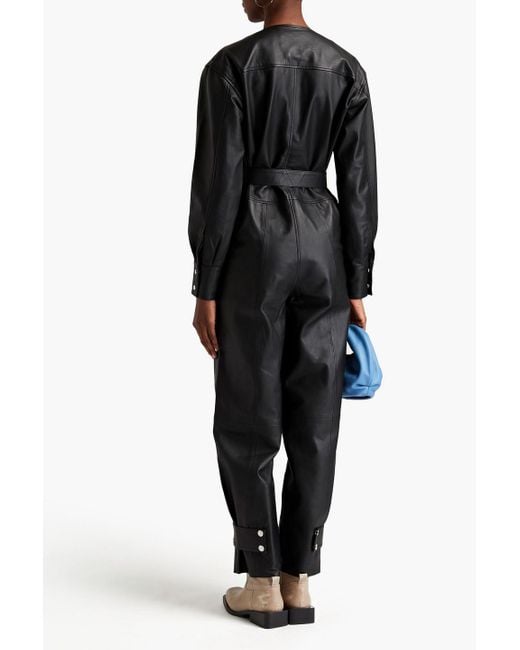 REMAIN Birger Christensen Black Suzanne Belted Leather Jumpsuit