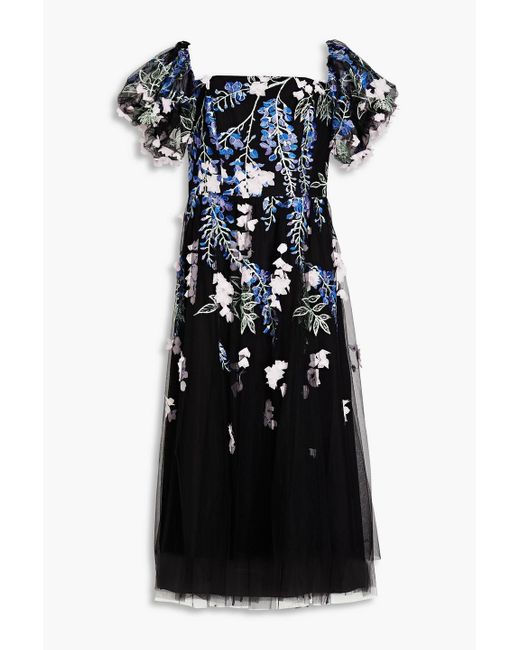 Marchesa Black Embroidered Tulle Midi Dress