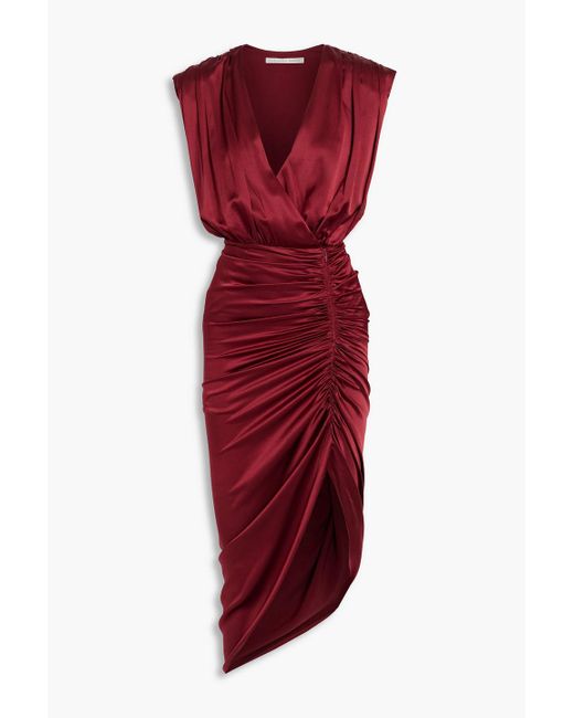 Veronica Beard Red Casela Wrap-effect Ruched Stretch-silk Satin Midi Dress