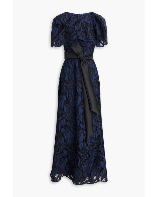 Badgley Mischka Blue Belted Layered Corded Lace Gown