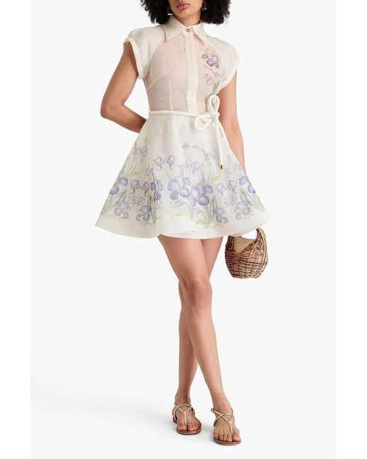 Zimmermann White Floral-print Linen And Silk-blend Organza Mini Shirt Dress