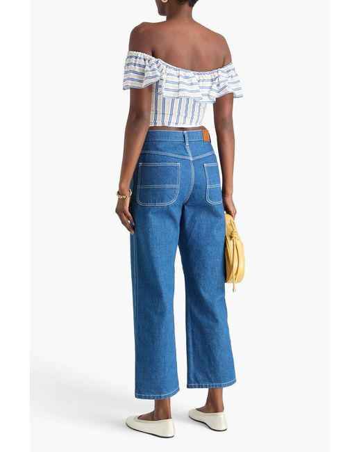 Claudie Pierlot Blue Cropped Off-the-shoulder Striped Lyocell-blend Top