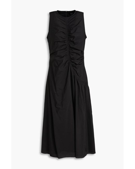 Theory Black Gathered Cotton-blend Midi Dress