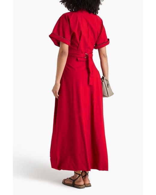 Brunello Cucinelli Red Cropped Bead-Embellished Cotton-Blend Wrap Top